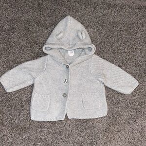 Grey Knit gap sweater ; size 3-6months With ears on the hood (smoke free home)